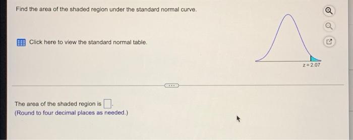 Find The Area Of The Shaded Region Under The Standard Normal Curve O O Click Here To View The Standard Normal Table Z 1