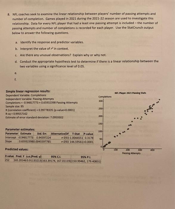 8 Nfl Coaches Seek To Examine The Linear Relationship Between Players Number Of Passing Attempts And Number Of Complet 1