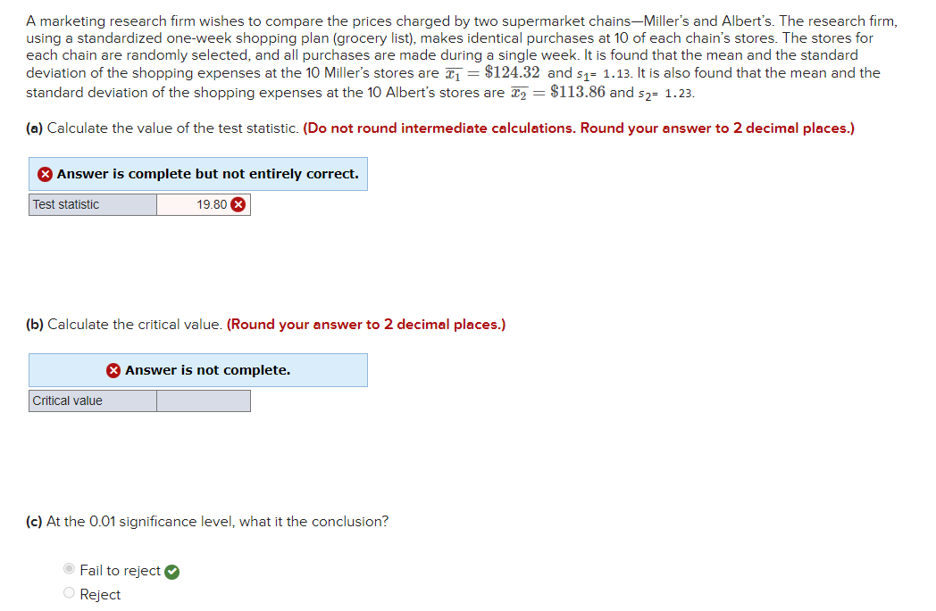 A Marketing Research Firm Wishes To Compare The Prices Charged By Two Supermarket Chains Miller S And Albert S The Rese 1