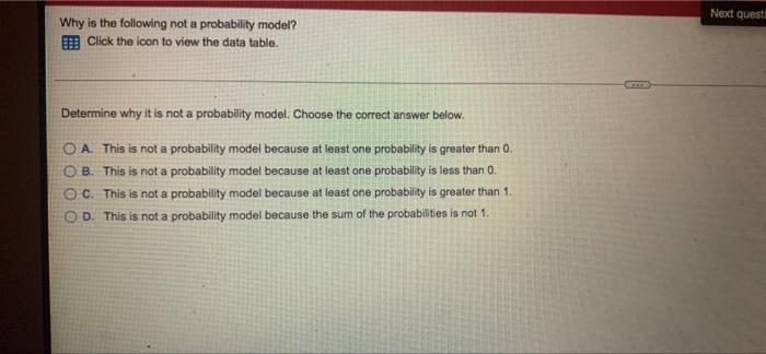 Next Questi Why Is The Following Not A Probability Model Click The Icon To View The Data Table Determine Why It Is Not 1