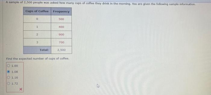 A Sample Of 2 500 People Was Asked How Many Cups Of Coffee They Drink In The Moming You Are Given The Following Sample 1
