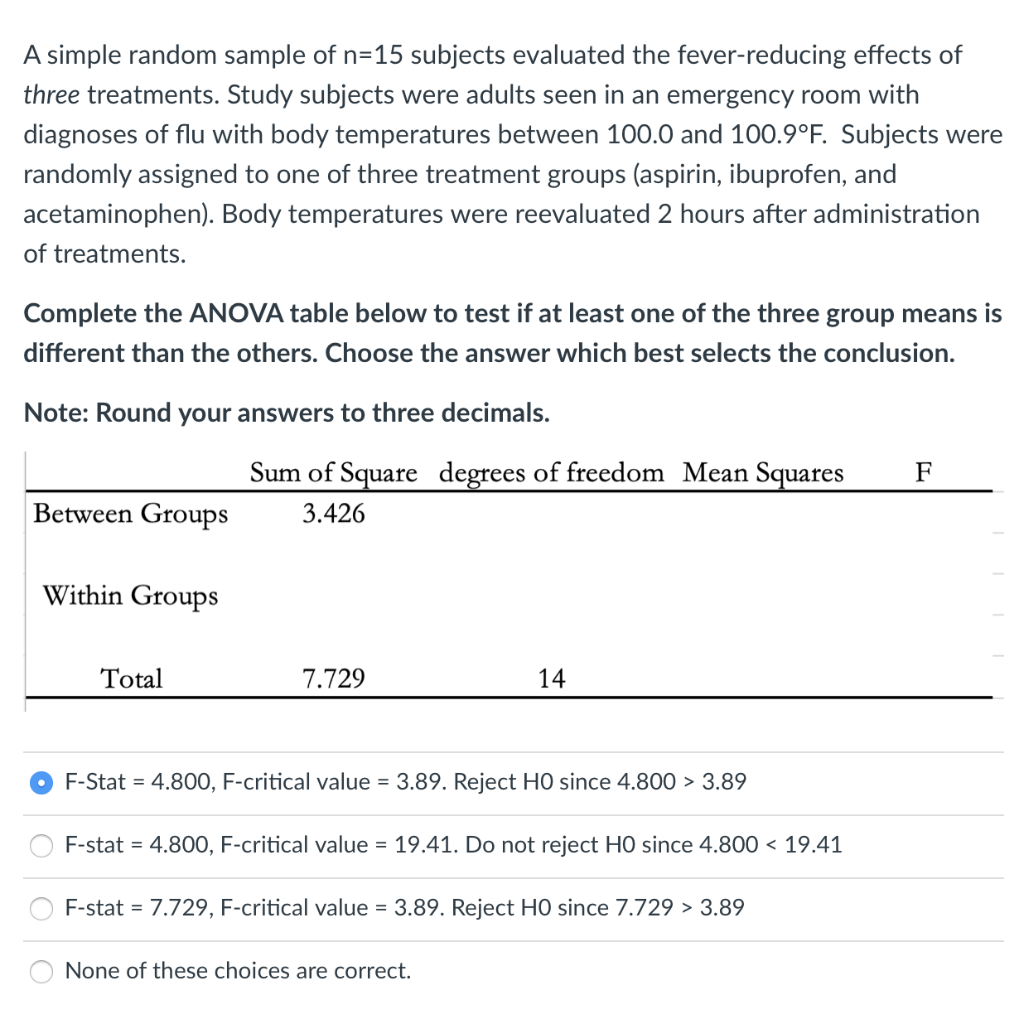 A Simple Random Sample Of N 15 Subjects Evaluated The Fever Reducing Effects Of Three Treatments Study Subjects Were Ad 1