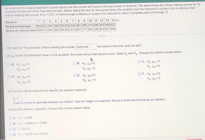 An Instructor For A Test Preparation Course Claims That The Course Will Improve The Test Scores Of Students The Table S 1