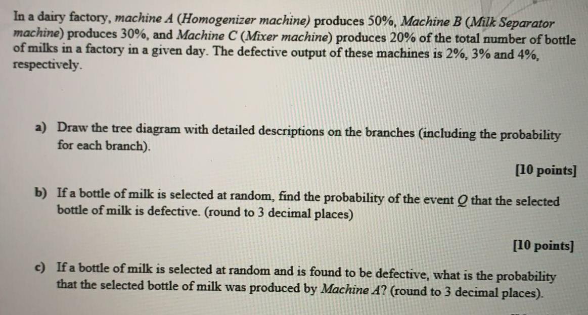 In A Dairy Factory Machine A Homogenizer Machine Produces 50 Machine B Milk Separator Machine Produces 30 And M 1