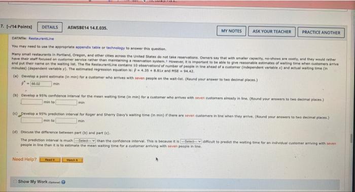7 14 Points Details Aswsbe14 14 E 035 My Notes Ask Your Teacher Practice Another Data Restaurant You May Need To U 1