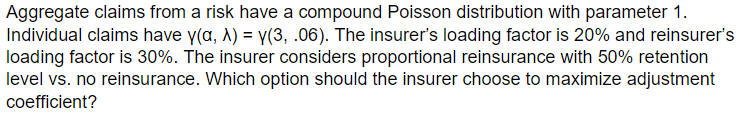 Aggregate Claims From A Risk Have A Compound Poisson Distribution With Parameter 1 Individual Claims Have Ya 1 Y 3 1
