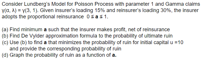 Consider Lundberg S Model For Poisson Process With Parameter 1 And Gamma Claims Ya 1 Y 3 1 Given Insurer S Loadin 1