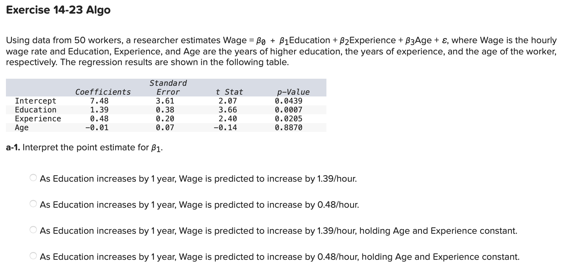 Exercise 14 23 Algo Using Data From 50 Workers A Researcher Estimates Wage Bo B1education B2experience B3age 1