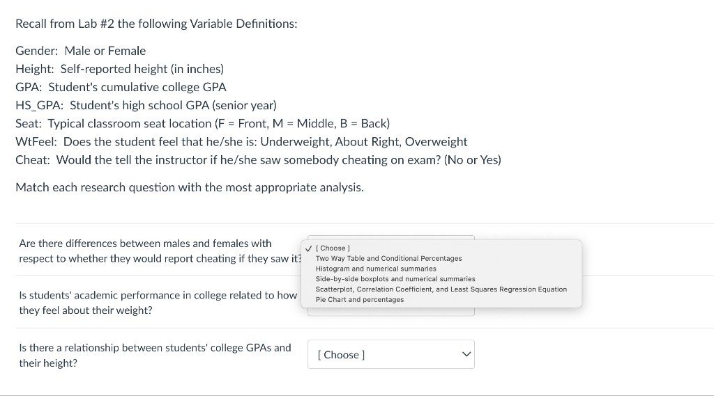 Recall From Lab 2 The Following Variable Definitions Gender Male Or Female Height Self Reported Height In Inches G 1