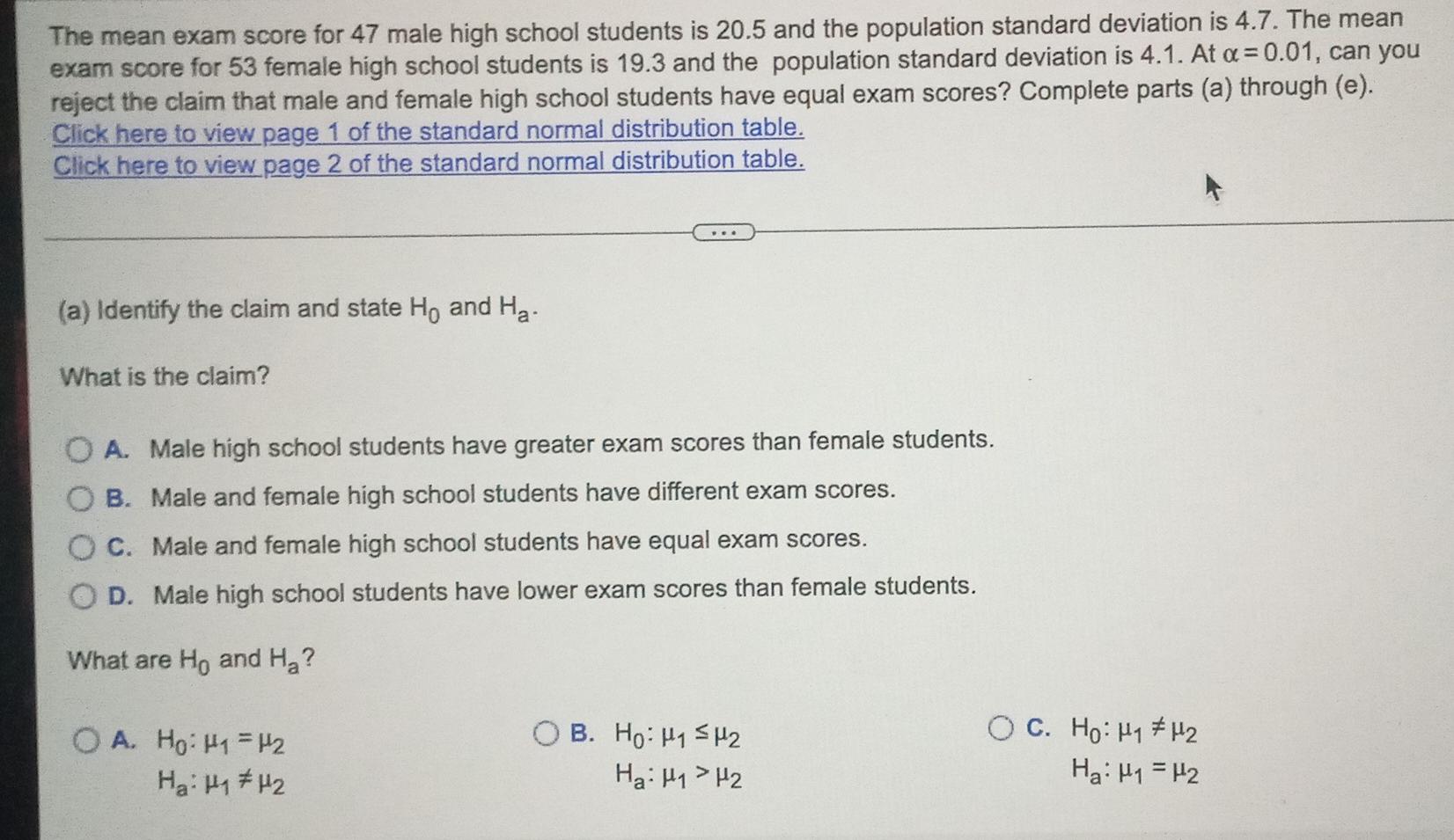 The Mean Exam Score For 47 Male High School Students Is 20 5 And The Population Standard Deviation Is 4 7 The Mean Exam 1