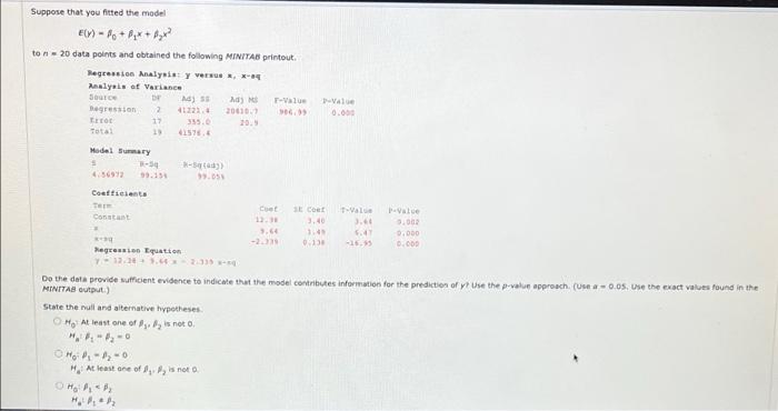 Suppose That You Fitted The Model Ely To N 20 Data Points And Obtained The Following Minitab Printout Regressi 1