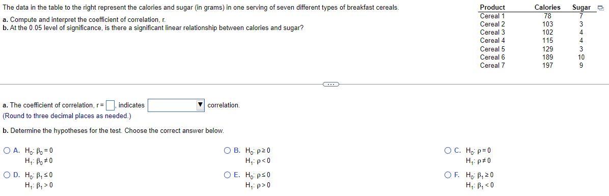 The Data In The Table To The Right Represent The Calories And Sugar In Grams In One Serving Of Seven Different Types O 1