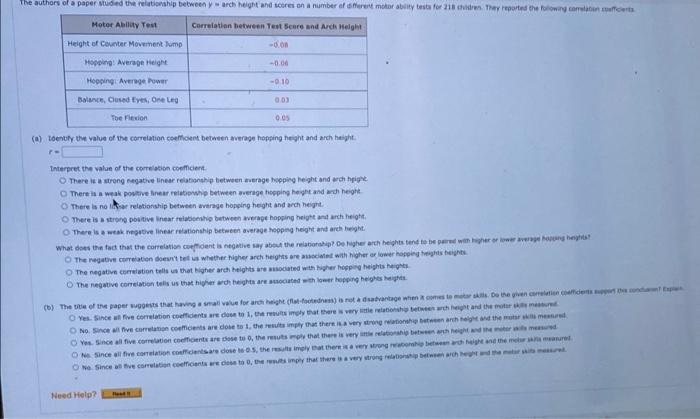 The Authors Of A Paper Studied The Relationship Between Y Archheight And Scores On A Number Of Rett Motor Ability Tests 1