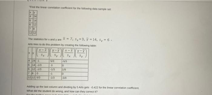 Find The Near Correlation Coefficient For The Following Data Sample Set Ly 4 24 6 14 6 12 78 12 12 The Statistics For X 1