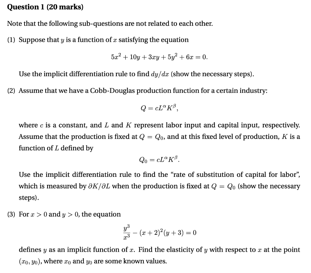 Question 1 20 Marks Note That The Following Sub Questions Are Not Related To Each Other 1 Suppose That Y Is A Funct 1