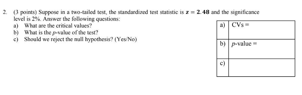 2 3 Points Suppose In A Two Tailed Test The Standardized Test Statistic Is Z 2 48 And The Significance Level Is 2 1