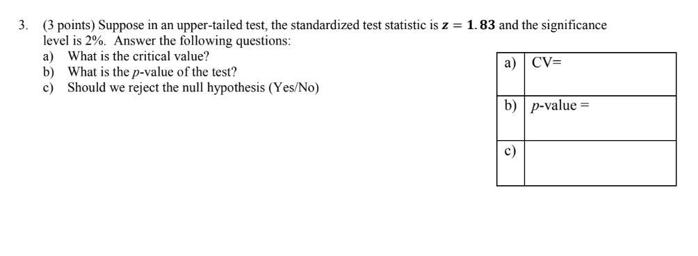 3 3 Points Suppose In An Upper Tailed Test The Standardized Test Statistic Is Z 1 83 And The Significance Level Is 1