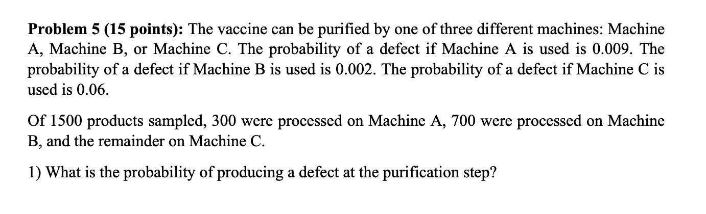 Problem 5 15 Points The Vaccine Can Be Purified By One Of Three Different Machines Machine A Machine B Or Machine 1