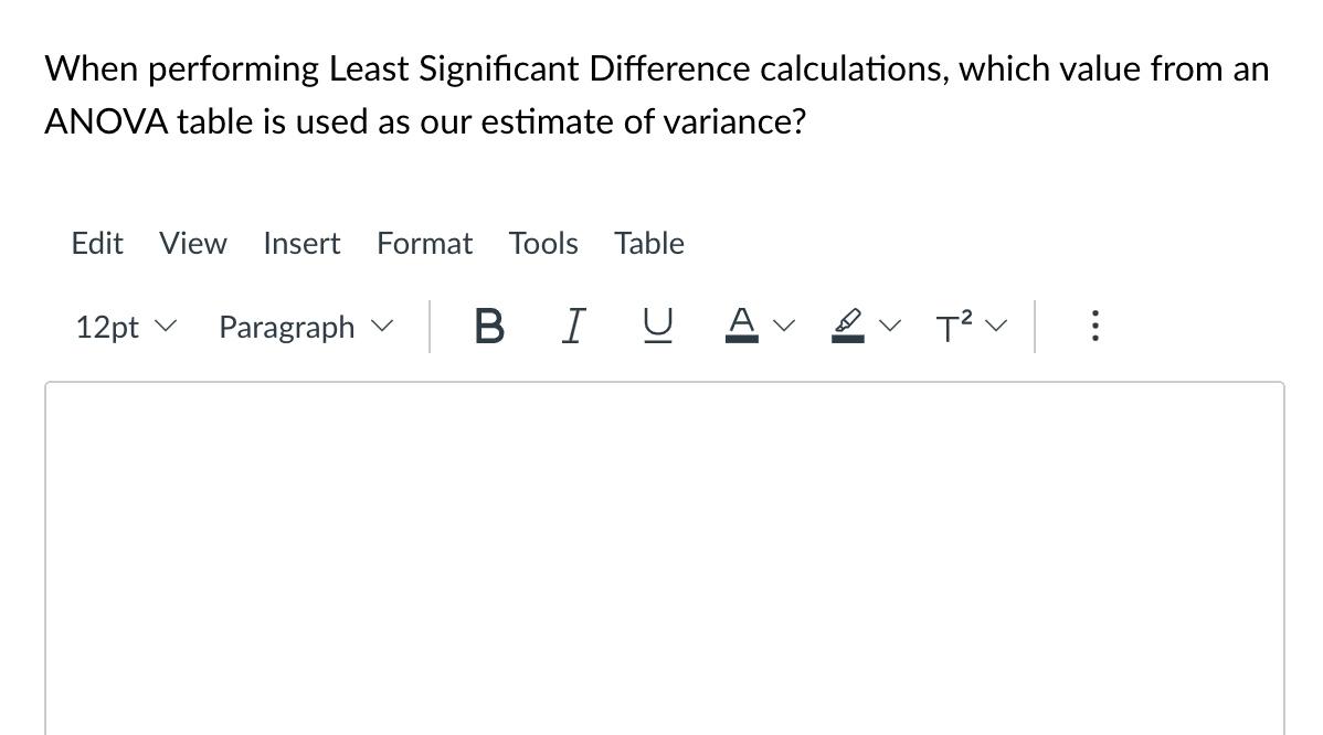 When Performing Least Significant Difference Calculations Which Value From An Anova Table Is Used As Our Estimate Of Va 1