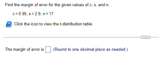 Find The Margin Of Error For The Given Values Of C S And N C 0 95 S 2 9 N 17 Click The Icon To View The T Distri 1