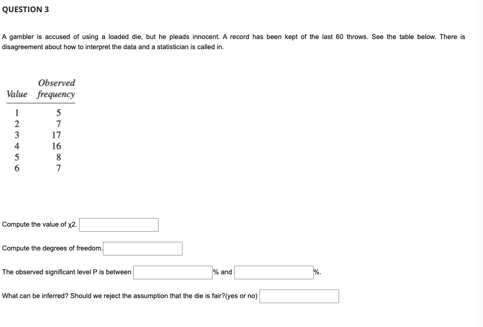 Question 3 A Gambler Is Accused Of Using A Loaded Die But He Pleads Innocent A Record Has Been Kept Of The Last 60 Thr 1