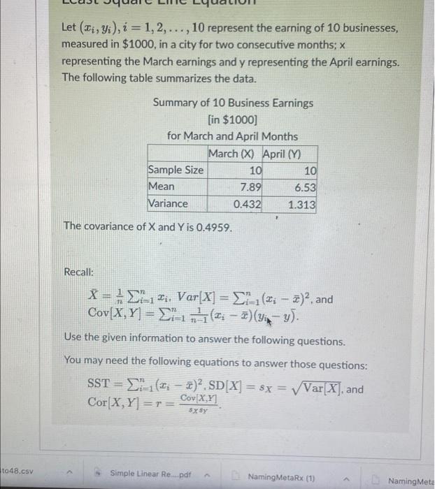 Let Ti Yi I 1 2 10 Represent The Earning Of 10 Businesses Measured In 1000 In A City For Two Consecutive M 1