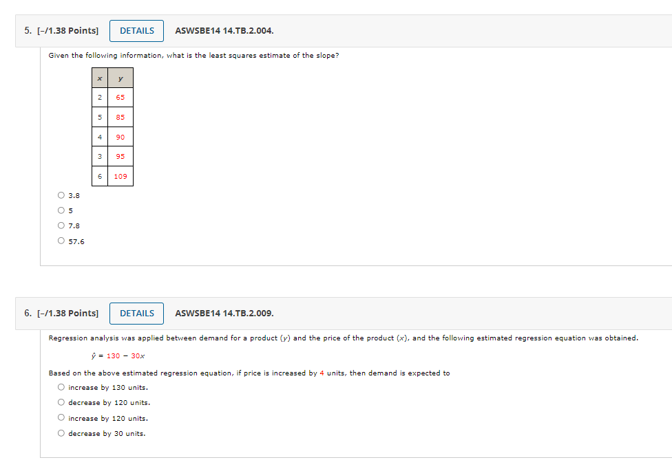 5 1 38 Points Details Aswsbe14 14 Tb 2 004 Given The Following Information What Is The Least Squares Estimate Of 1