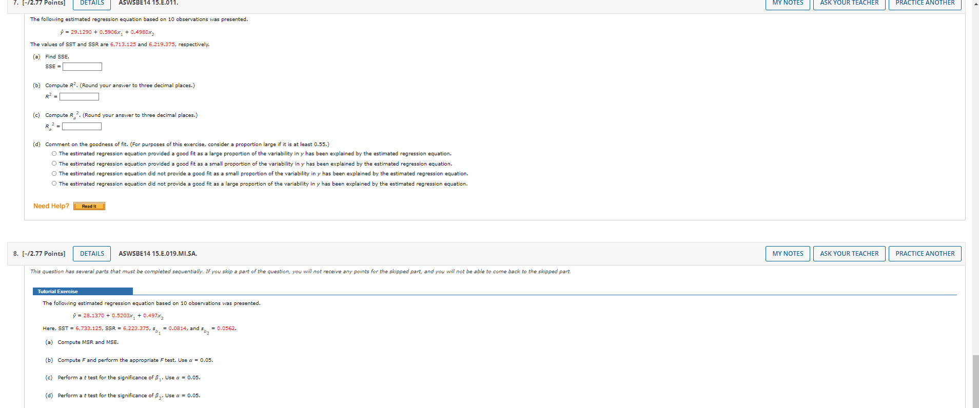 7 72 77 Points Details Aswsbe14 15 E 011 My Notes Ask Your Teacher Practice Another The Following Estimated Regress 1