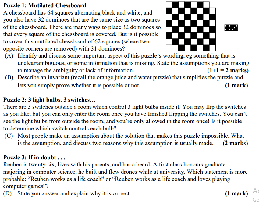 Puzzle 1 Mutilated Chessboard A Chessboard Has 64 Squares Alternating Black And White And You Also Have 32 Dominoes Th 1