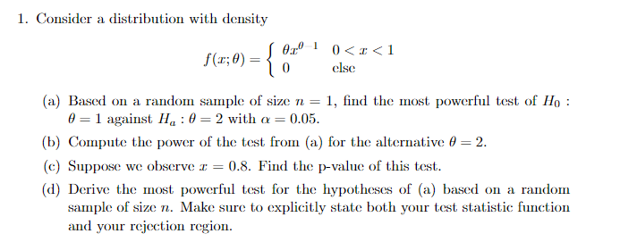 1 Consider A Distribution With Density 0 71 0 0 3 1 Else 0 A Based On A Random Sample Of Size N 1 Fi 1