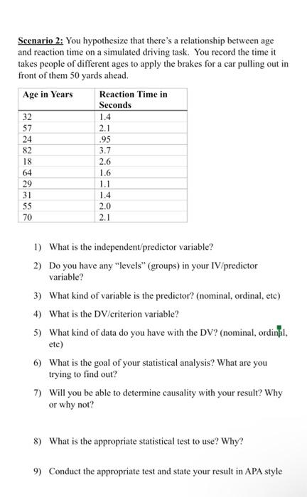 Scenario 2 You Hypothesize That There S A Relationship Between Age And Reaction Time On A Simulated Driving Task You R 1