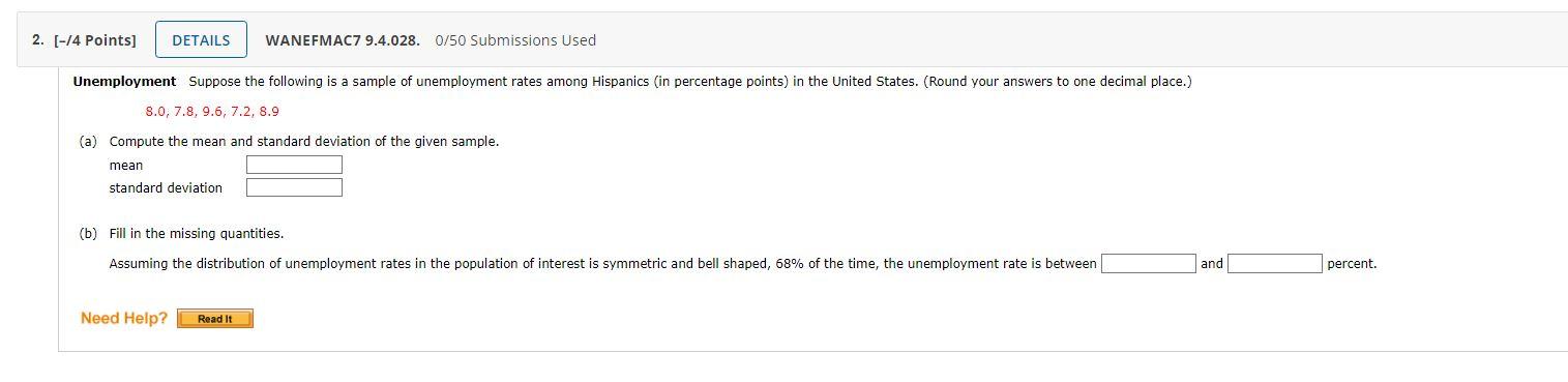 2 14 Points Details Wanefmac7 9 4 028 0 50 Submissions Used Unemployment Suppose The Following Is A Sample Of Unemp 1