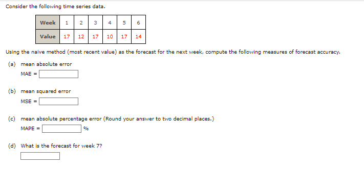 Consider The Following Time Series Data 3 4 5 6 17 12 17 10 17 14 Week 12 Value Using The Naive Method Most Recent Val 1
