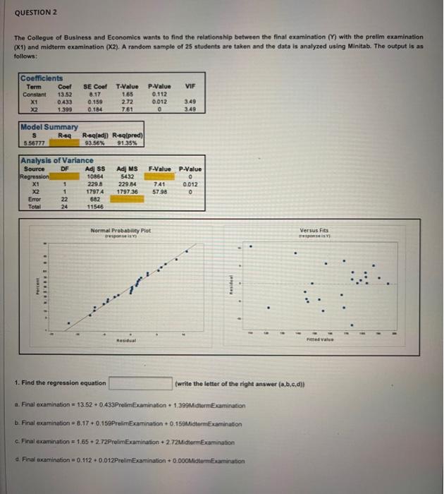 Question 2 The Collegue Of Business And Economics Wants To Find The Relationship Between The Final Examination V With 1