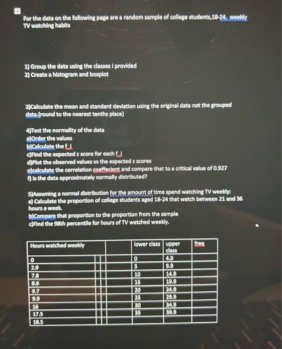 For The Data On The Following Page Are A Random Sample Of College Students 18 24 Weekly Tv Watching Habits 1 Group Th 1
