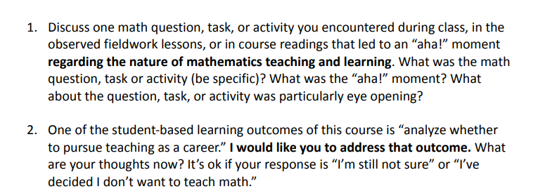 1 Discuss One Math Question Task Or Activity You Encountered During Class In The Observed Fieldwork Lessons Or In C 1