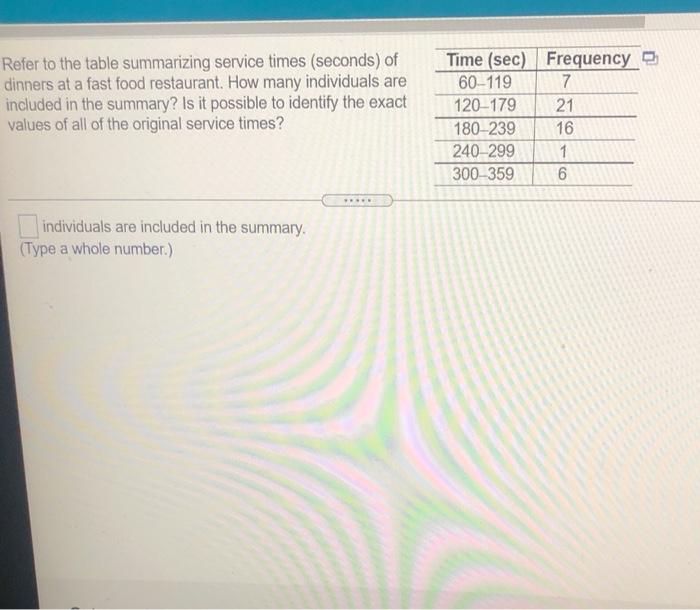 Refer To The Table Summarizing Service Times Seconds Of Dinners At A Fast Food Restaurant How Many Individuals Are In 1