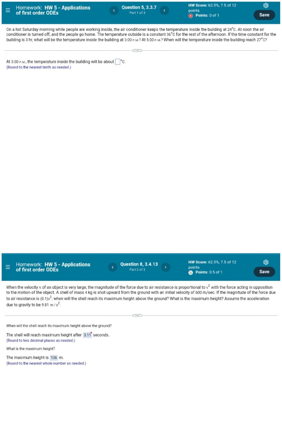Homework Hw 5 Applications Of First Order Odes Question 5 3 3 7 Part 1 Of 3 Hw Score 62 5 7 5 Of 12 Points Poin 1