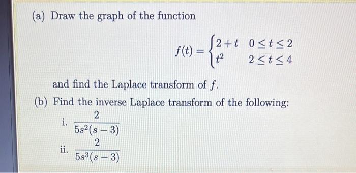 A Draw The Graph Of The Function 12 T Ost 2 F T 112 2 T 4 And Find The Laplace Transform Of F B Find The Invers 1