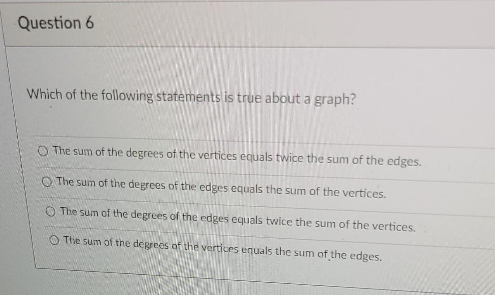 Question 6 Which Of The Following Statements Is True About A Graph O The Sum Of The Degrees Of The Vertices Equals Twic 1