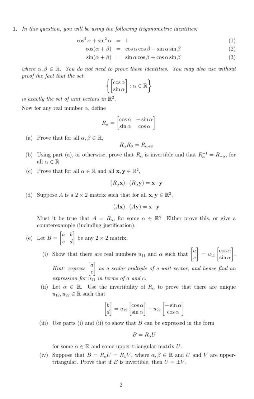 1 In This Question You Will Be Using The Following Trigonometric Identities Cosa Sind A 1 Cos A B Cos A Cos Sin 1