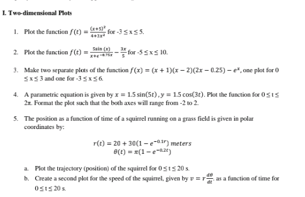 I Two Dimensional Plots 1 Plot The Function X 5 For 3 Ss5 4 3x2 5sin X 2 Plot The Function Ft Xte1 F 1
