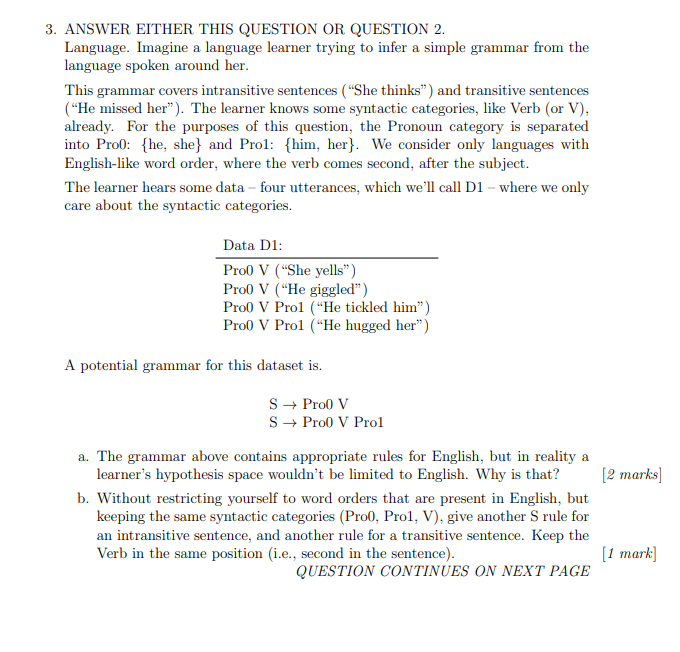 3 Answer Either This Question Or Question 2 Language Imagine A Language Learner Trying To Infer A Simple Grammar From 1