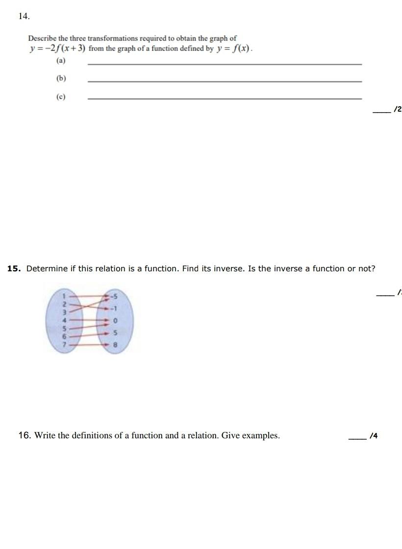 14 Describe The Three Transformations Required To Obtain The Graph Of Y 2f X 3 From The Graph Of A Function Defined B 1