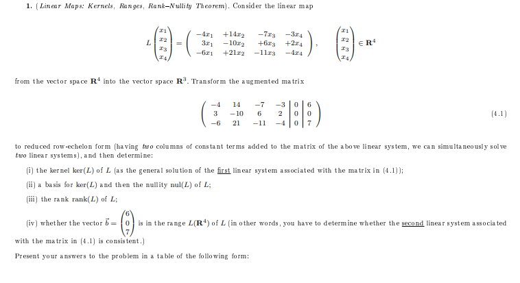 1 Linear Maps Kernels Ranges Rank Nullity Theorem Consider The Linear Map 21 22 23 101 3 1 L 1422 1022 21 22 1