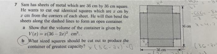 Vaj 600 8x 8 7 Sam Has Sheets Of Metal Which Are 36 Cm By 36 Cm Square He Wants To Cut Out Identical Squares Which 1
