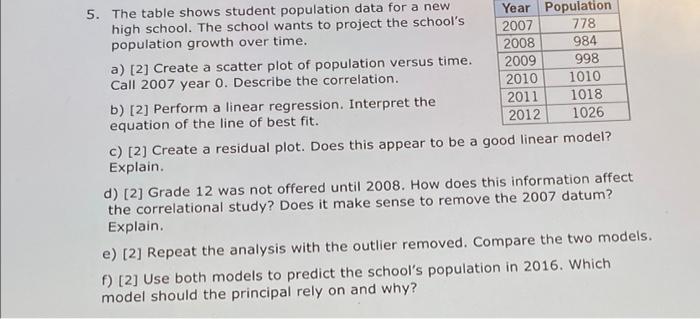 5 The Table Shows Student Population Data For A New Year Population High School The School Wants To Project The School 1