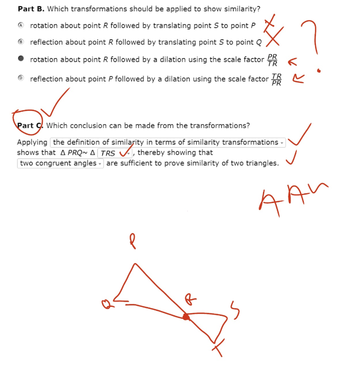 Part B Which Transformations Should Be Applied To Show Similarity A Rotation About Point R Followed By Translating Poi 1