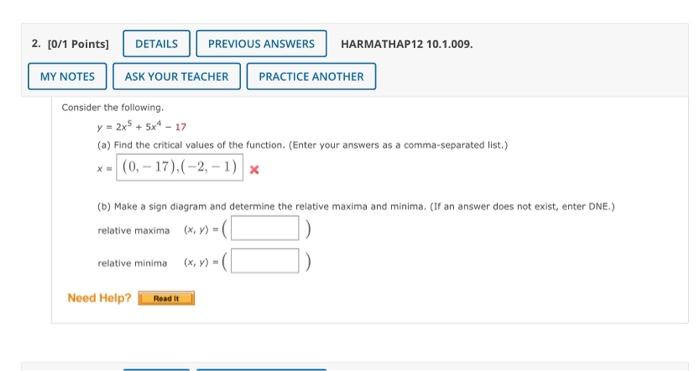 2 0 1 Points Details Previous Answers Harmathap 12 10 1 009 My Notes Ask Your Teacher Practice Another Consider The 1