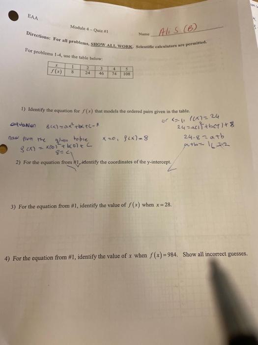 Eaa Module 4 Qui Directions For All Problems Show All Work Scientificaletrare Permitted Name Alis 6 For Problems 1 1
